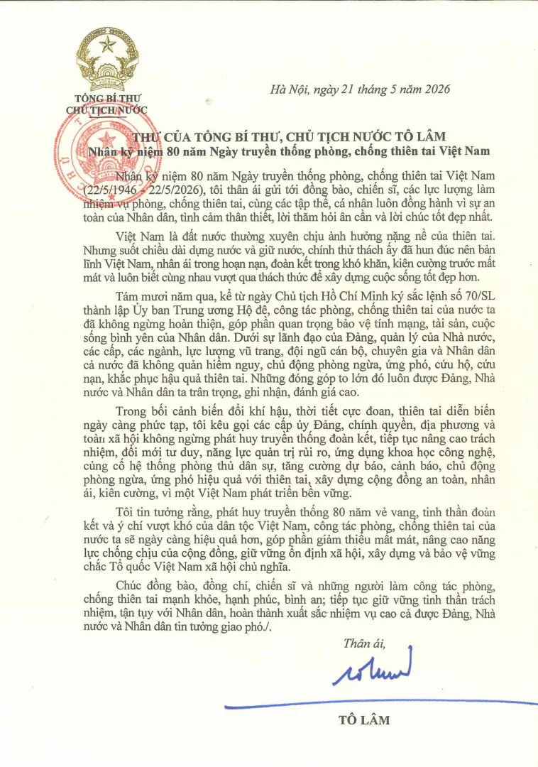 Thư của Tổng Bí thư, Chủ tịch nước Tô Lâm nhân Ngày truyền thống phòng, chống thiên...